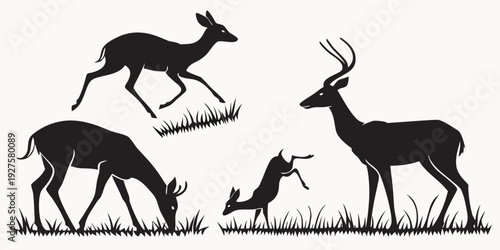 A group of deer and antelopes grazing in a grassy field under a clear sky Vector