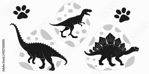 Diverse group of dinosaurs and their footprints in a prehistoric scene Vector