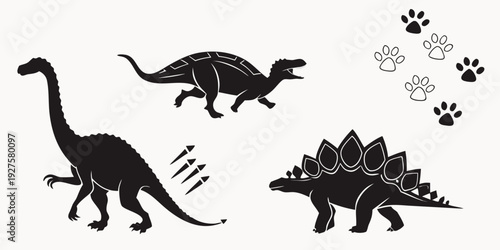 A group of dinosaurs and paw prints on a white background. Vector