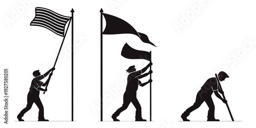 Three individuals performing different actions with flags in a black and white illustration Vector