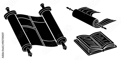 Ancient scrolls and a tablet with cuneiform writing displayed on a white background Vector