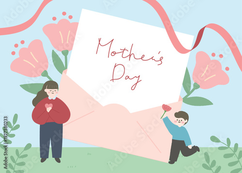 Mother's day template with mother, child and letter illustration.