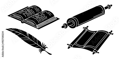 Ancient writing tools and scrolls displayed in black and white Vector