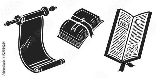 Ancient scrolls and books depicted in a vintage illustration style Vector