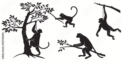 Monkeys in various poses on and around a tree branch Vector