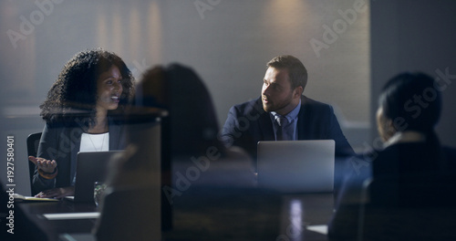 Obraz na płótnie Laptop, woman or team with meeting in boardroom for financial review, budget approval or feedback