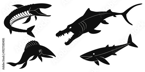 Four distinct shark silhouettes in a dynamic arrangement. Vector