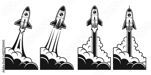 Illustration of a rocket launching in four sequential stages of ascent. Vector