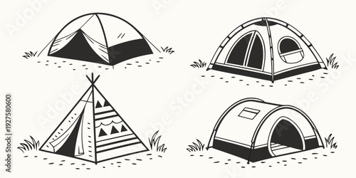 Four distinct types of camping tents displayed in a clear and informative illustration. Vector