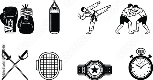 Combat sports icons, boxing gloves, punching bag, karate gi, high kick, wrestling grappling, fencing swords, fencing mask, championship belt, stopwatch, flavector