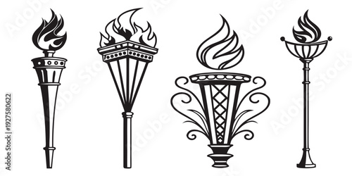 Ancient torches with flames depicted in a vintage illustration style. Vector