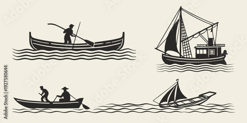 Four different types of boats sailing on a calm sea with clear skies Vector