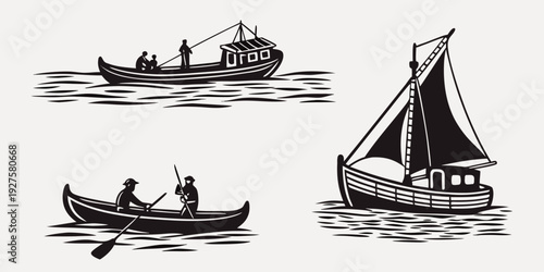 Three different boats sailing on a calm sea with clear skies. Vector