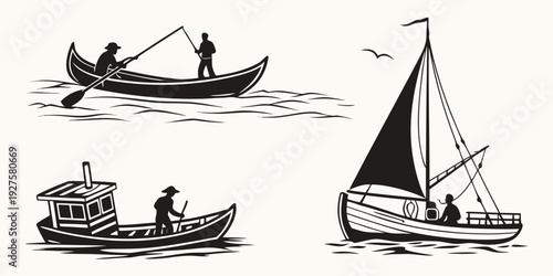 A collection of various boats sailing on a calm body of water. Vector