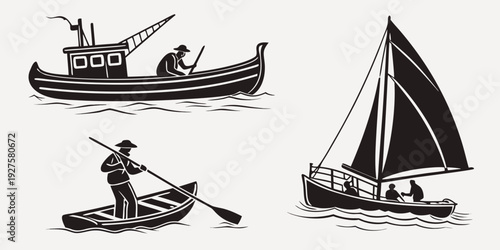Illustration of various boats and watercraft in different settings Vector