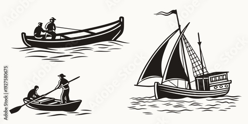 A serene scene of various boats sailing on calm waters with people enjoying the day Vector