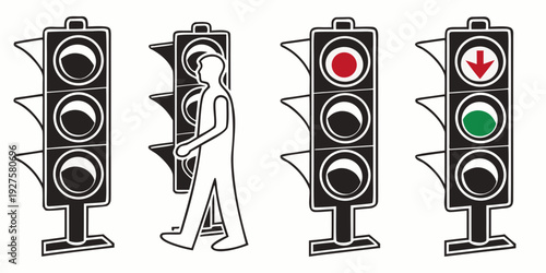 Traffic lights in different states and designs on a city street Vector
