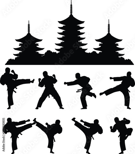 Japanese pagoda silhouettes, martial arts poses, karate stances, taekwondo kicks, judo practice, aikido moves, kungfu training, cultural heritage, martial discipline, flavector