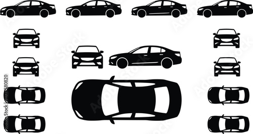 Car silhouette collection with front, side and top views, sedan vehicle icons isolated on light background for automotive design, transport infographic and branding projects