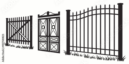 Three different styles of black metal gates with intricate designs and patterns. Vector