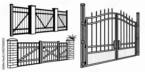 A variety of wrought iron gates and fences showcasing different designs and styles Vector
