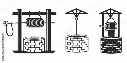 Three distinct water wells depicted in a simple, black and white line drawing style. Vector