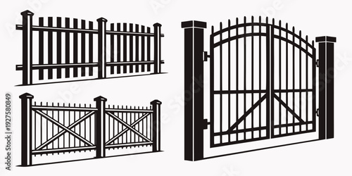 A variety of ornate and decorative metal gates and fences for residential and commercial use. Vector