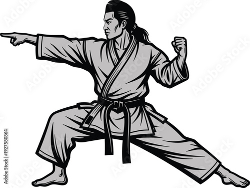 Martial arts silhouette, karate gi, black belt, wide stance, defensive pose, clenched fist, combat training, discipline, fitness, strength, flavector