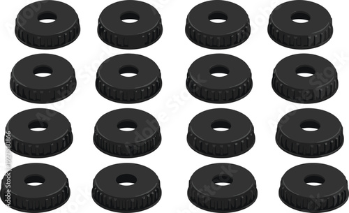 Set of black plastic screw caps and bottle lids, realistic 3D top view packaging elements isolated on light background for product mockups and branding design