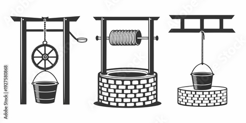 Three distinct water wells, each with unique designs and purposes, illustrated in black and white. Vector