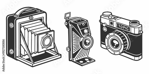 Three vintage cameras showcasing the evolution of photography equipment Vector