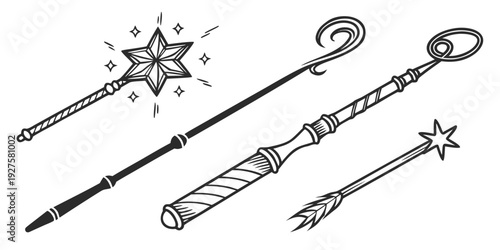 A collection of magical wands with intricate designs and star accents Vector