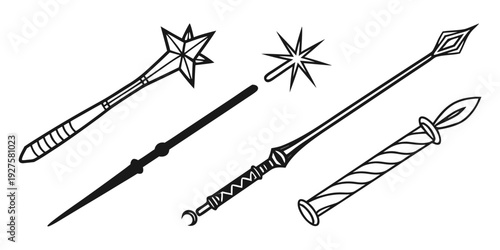 A collection of vintage magic wands with intricate designs and embellishments Vector