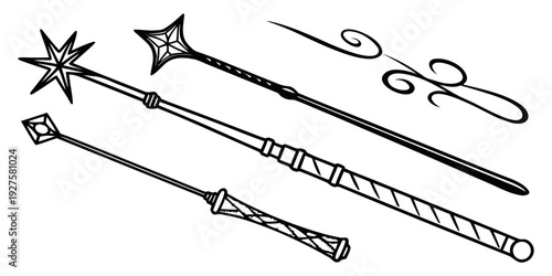 A collection of ornate and decorative magic wands with unique designs and details Vector