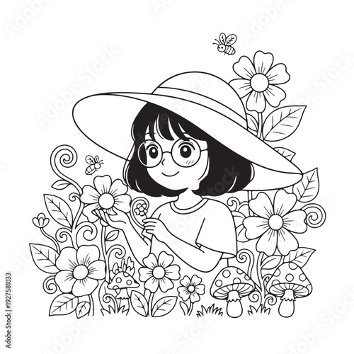 Cute Girl Picking Flowers in Garden Cartoon Coloring Page Line Art
