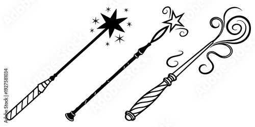 Four beautifully designed magic wands with various decorative elements and star accents Vector