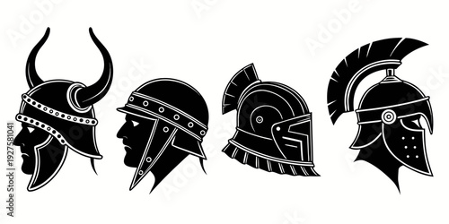 Ancient helmets from different cultures displayed in a row Vector