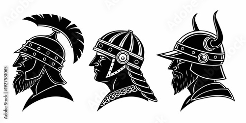 Three distinct helmets representing ancient warriors from different civilizations Vector