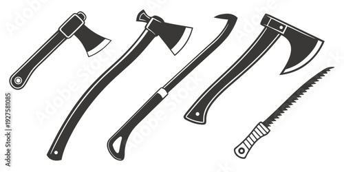 Five different types of axes and hatchets displayed in a row Vector