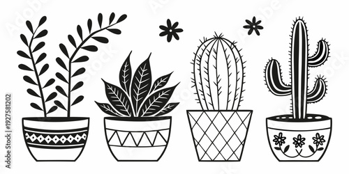 A variety of potted plants and cacti arranged on a windowsill Vector