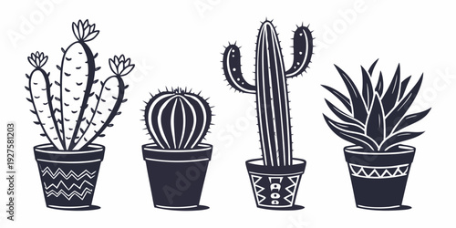 A variety of cacti and succulent plants in pots on a table. Vector