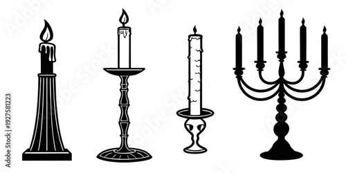 A collection of various candlesticks and candle holders in black and white Vector