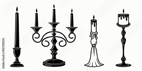 A collection of ornate, vintage-style candlesticks and candle holders in black and white Vector