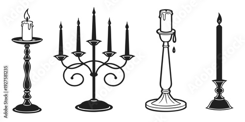 A collection of vintage candlesticks displayed in a row Vector