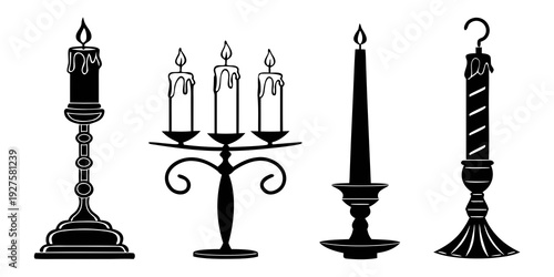 A collection of four vintage candles and their holders in a gothic style Vector