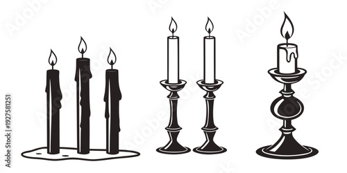 A variety of candles in different styles and colors displayed together Vector