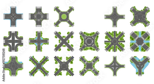 Urban Road Intersection Top View Icon Sheet – Infrastructure and Traffic Layouts for City Planning