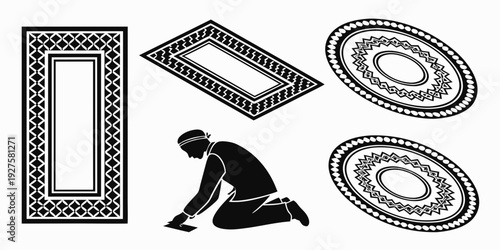 A man kneeling down to examine a collection of ancient artifacts and frames Vector