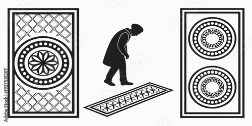 A person in a black outfit standing on a blue platform in front of two doors. Vector