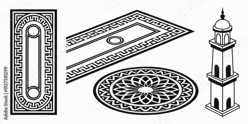 A collection of various objects including a book, a pair of scissors, a plate of food, and a glass. Vector